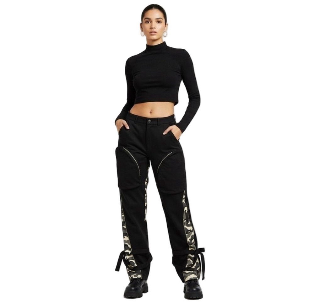 Chicways Camo Cargo Pants Small Black Gray White Baggy Utility Streetwear
